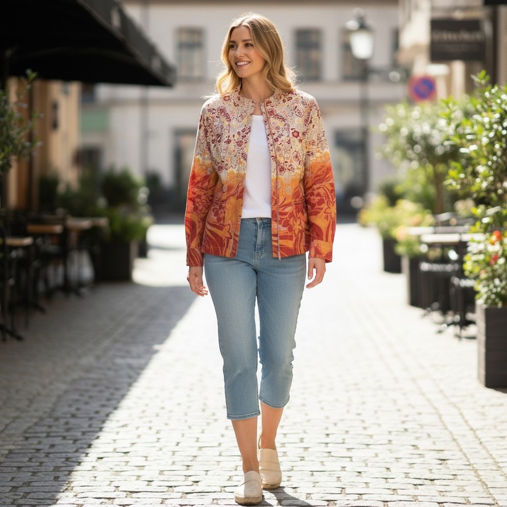 Chico's 1 (38"‎ across chest) Floral Ombre Zip Jacket Red Orange Yellow (MEDIUM)